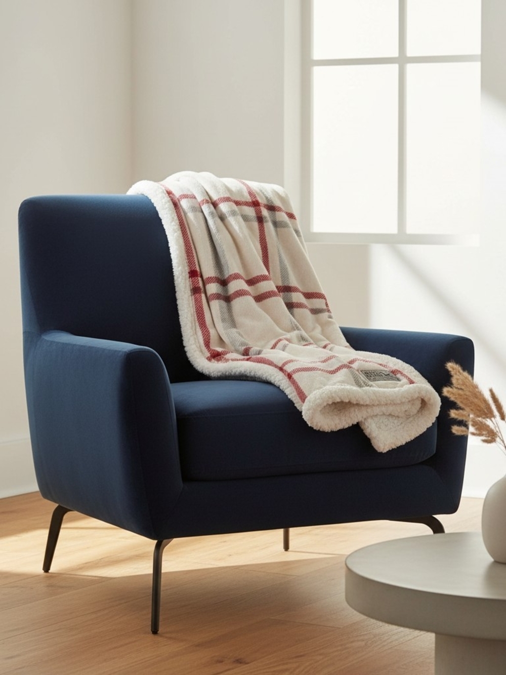 Eddie Bauer Cream Plaid Sherpa Throw with Red Accents